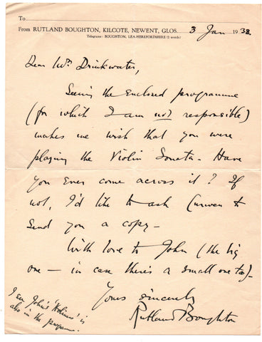 BOUGHTON Rutland - Autograph Letter Signed 1932 to a violinist
