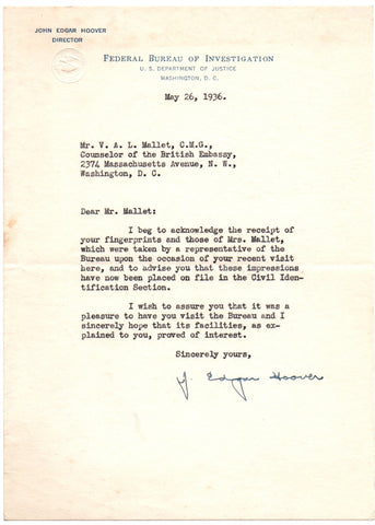 HOOVER - J. Edgar - Typed Letter Signed 1936 receiving the fingerprints of a British diplomat