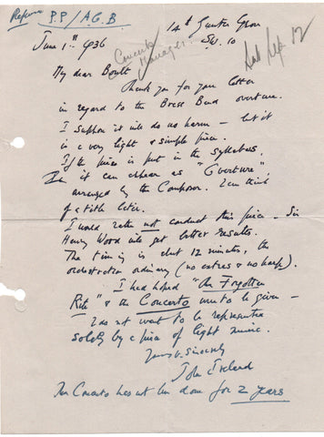 IRELAND John - Autograph Letter Signed 1936 "Sir Henry Wood will get better results"