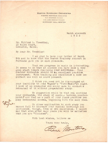 MONTEUX Pierre - Typed Letter Signed 1922 giving advice to a young musician