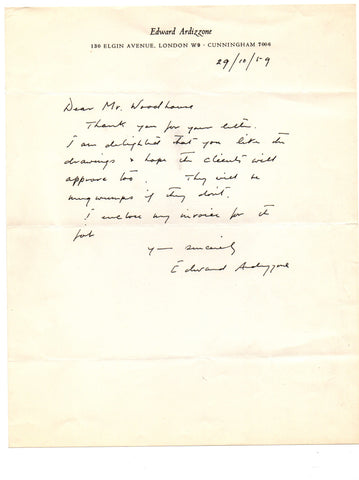ARDIZZONE Edward - Autograph Letter Signed 1959 regarding a drawing
