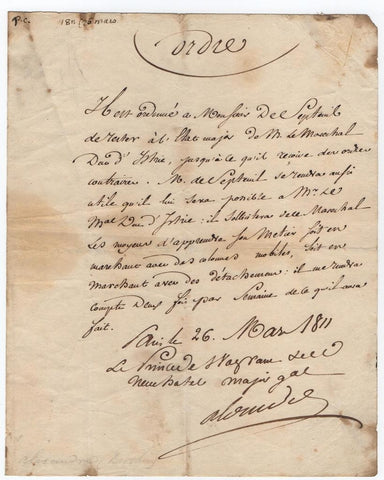 BERTHIER Louis Alexandre - Letter Signed 1811, sending Pauline's lover to Spain