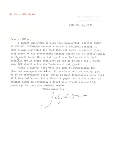 BETJEMAN John - Typed Letter Signed 1975