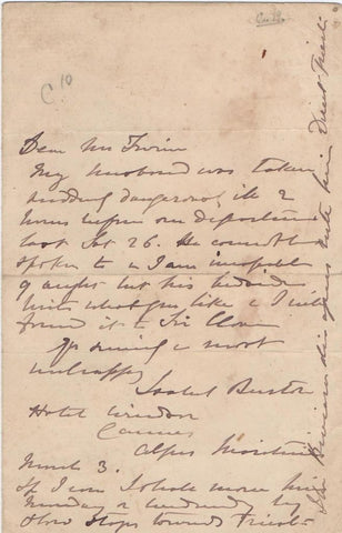 BURTON Isabel - Autograph Letter Signed 1887, when her husband lay 'dangerously ill'