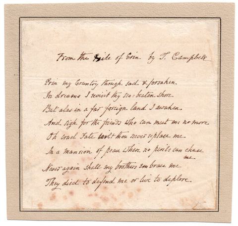 CAMPBELL Thomas - Autograph Quotation from his poem The Exile of Erin