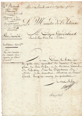 CHAPTAL Jean-Antoine - Letter Signed 1803 as Minister of the Interior