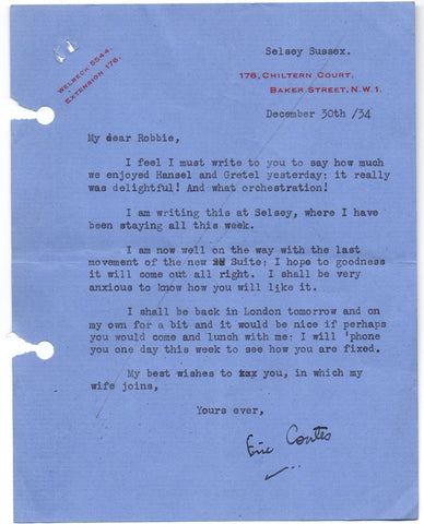 COATES Eric - Two Typed Letters Signed 1934 regarding a new work