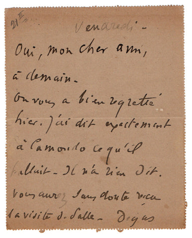 DEGAS Edgar - Autograph Letter Signed re speaking with Camondo