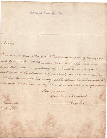 GAMBIER Admiral James - Autograph Letter Signed 1799 