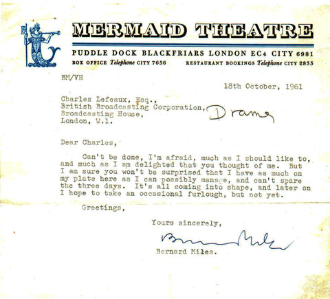 MILES Bernard - Typed Letter Signed 1961 declining a project because of pressure of work