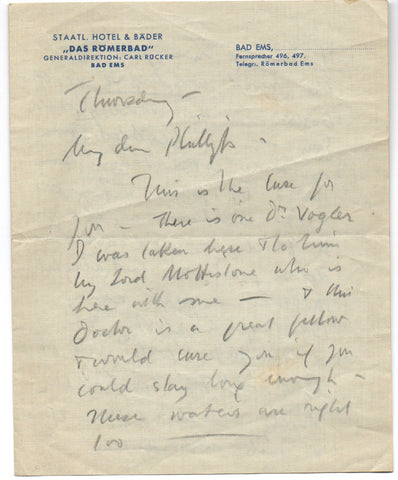 MUNNINGS Alfred - Autograph Letter Signed recommending a German spa
