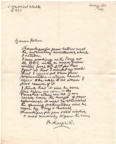 RICHARDSON Ralph - Autograph Letter Signed 1944 regarding work on Peer Gynt