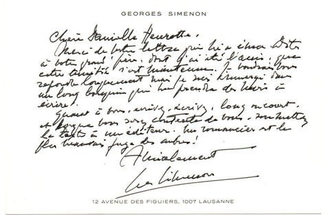 SIMENON Georges - Autograph Letter Signed giving friendly advice to a writer