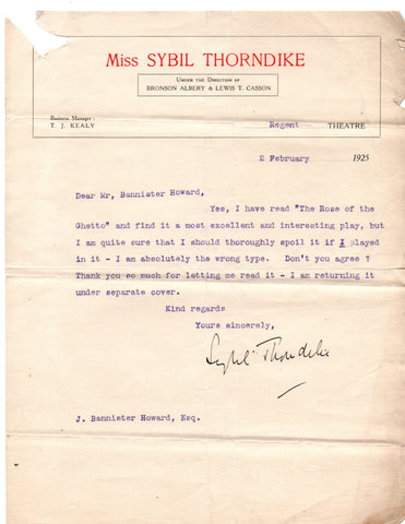 THORNDIKE Sybil - Typed Letter Signed 1925 turning down a role