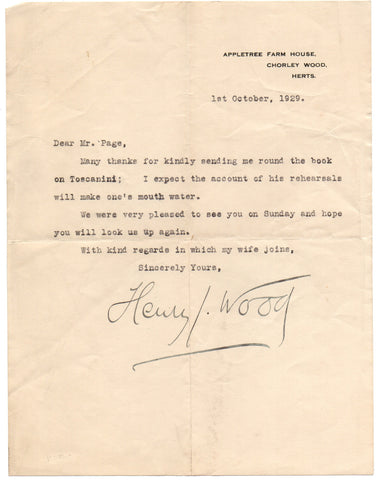 WOOD Sir Henry - Typed Letter Signed 1929 sending thanks for a book on Toscanini