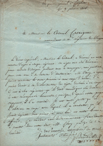 BERNADOTTE Jean Baptiste - LS 1806 discussing the allocation of eagles after Austerlitz and M. Clary's merit