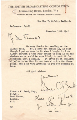 BOULT Adrian - TLS 1942 sending thanks for the late return of a book