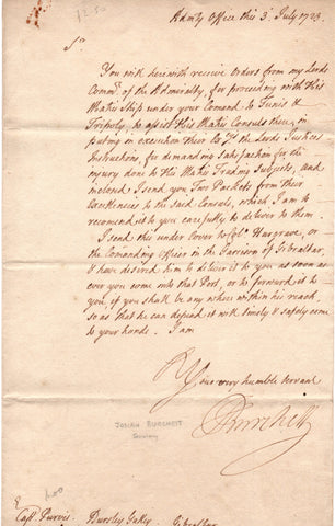 BURCHETT Josiah - Letter Signed 1723 demanding reparations for HM's trading subjects
