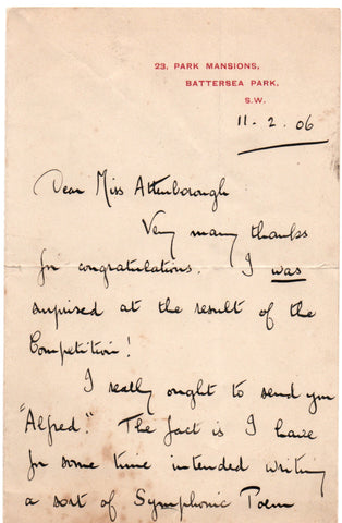 HURLSTONE William - ALS 1906 to a lyricist about his work