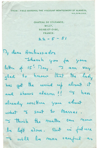 MONTGOMERY Bernard Law - Autograph Letter Signed 1951 concerning a disagreement in Italy