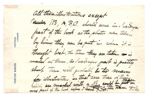 NANSEN Fridtjof - ALS in English concerning illustrations for his book