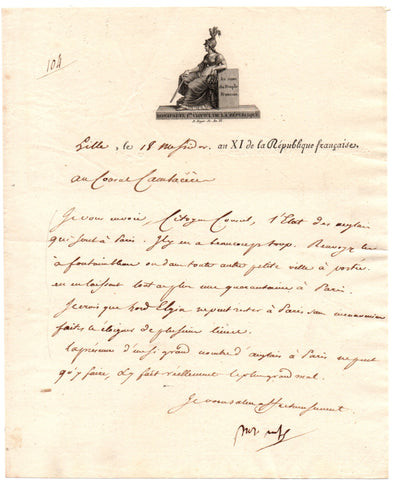NAPOLEON I - Letter Signed 1803 - Ordering Lord Elgin out of Paris