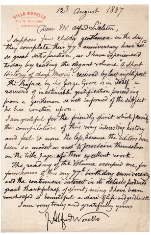 NOVELLO J. Alfred - Autograph Letter Signed 1887 sending thanks for A History of Cheap Music