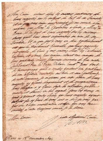ORLEANS Gaston d' - Autograph Letter Signed 1645 from Louis XIII's brother to Cardinal Pamphilio