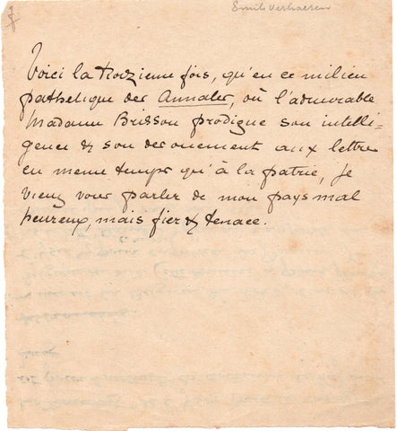 VERHAEREN Emile - Autograph notes and verse for the Université des Annales