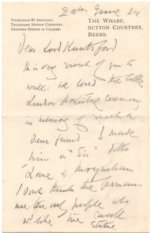 ASQUITH Margot - Autograph Letter Signed 1924 giving her views on statues and Liberals v. Tories