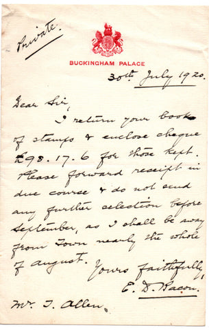 BACON Edward Denny - ALS 1820 choosing stamps for the Royal philatelic collection