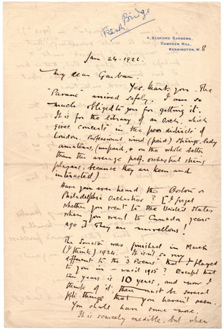BRIDGE Frank - Autograph Letter Signed 1926 discussing his Piano Concerto