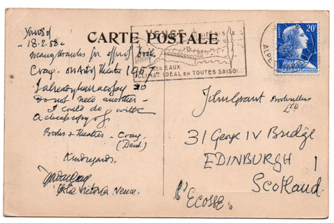 CRAIG Edward Gordon - Autograph Postcard Signed 1958 to his Edinburgh bookseller