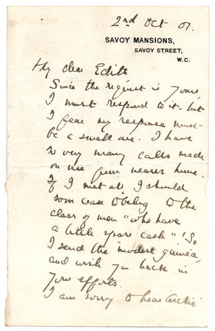 HAWKINS Anthony Hope - ALS 1907 sending a guinea contribution