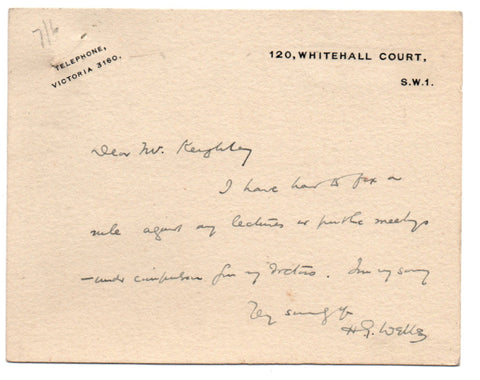 WELLS Herbert George - ALS 1921 declining to deliver a lecture