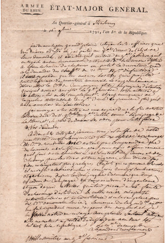 BEAUHARNAIS Alexandre de - Autograph Letter Signed 1792 from Strasbourg with the Army of the Rhine