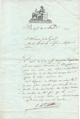 BERTHIER Louis Alexandre - Letter Signed sending a passport to an English prisoner on parole