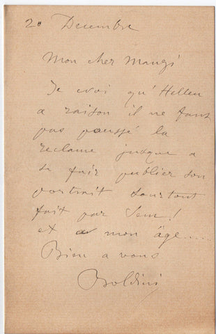 BOLDINI Giovanni - Autograph Letter Signed regarding a portrait of himself