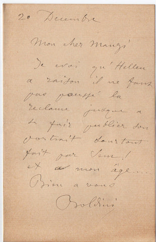 BOLDINI Giovanni - Autograph Letter Signed regarding a portrait of himself