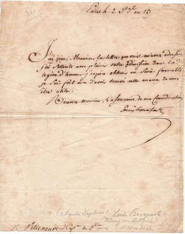 BONAPARTE Louis - Letter Signed 1805 regarding admission to the Legion of Honour