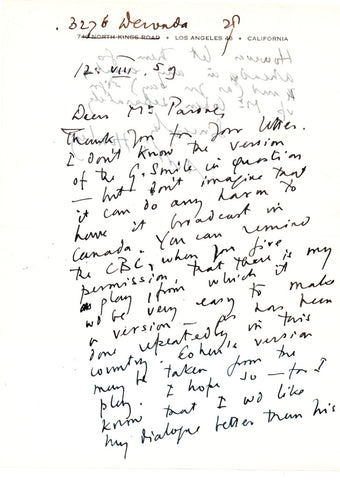 HUXLEY Aldous - Autograph Letter Signed 1959 regarding an adaptation of The Gioconda Smile