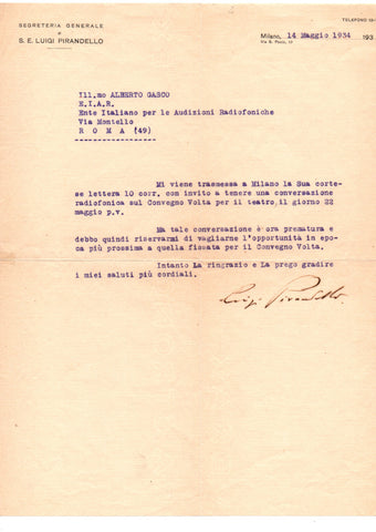 PIRANDELLO Luigi - Typed Letter Signed 1934 prior to the Volta Conference