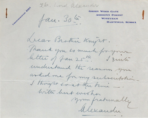 ALEXANDER Field Marshal Harold - Autograph Note Signed to Dear Brother Knight