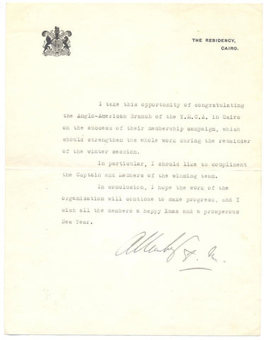 ALLENBY Viscount - Typed Letter Signed to the YMCA in Cairo