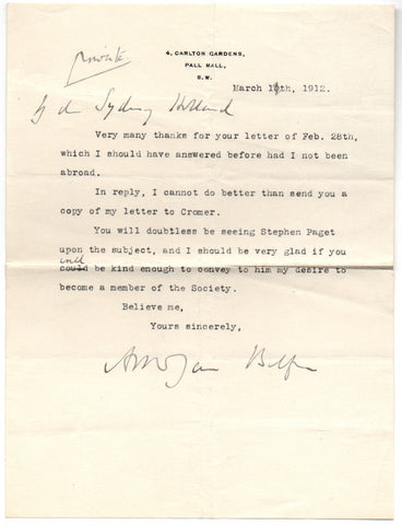 BALFOUR Arthur James - Typed Letter Signed 1912 asking to become a member of a Society