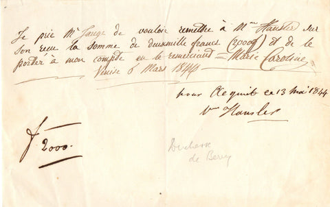 BERRY Marie-Caroline Duchesse de - Autograph Note Signed 1844 authorising payment