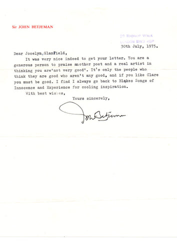 BETJEMAN John - Typed Letter Signed 1975 expressing his admiration for William Blake