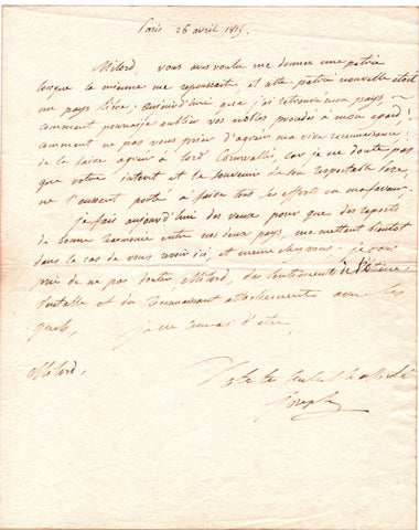BONAPARTE Joseph - Autograph Letter Signed 1815 to an Englishman during the Hundred Days
