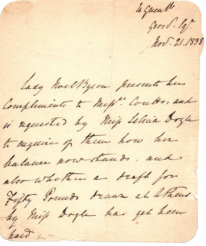 BYRON Anna Isabel Noel - Autograph Letter 1838 to Messrs. Coutts