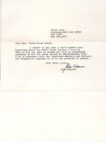 CHEEVER John - Typed Letter Signed 1977 regarding the Nobel Prize for Literature
